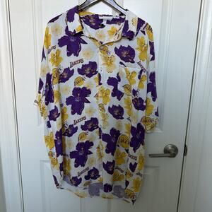 Men's Los Angeles Lakers White Floral Button-Up Shirt Short Sleeve 2XL